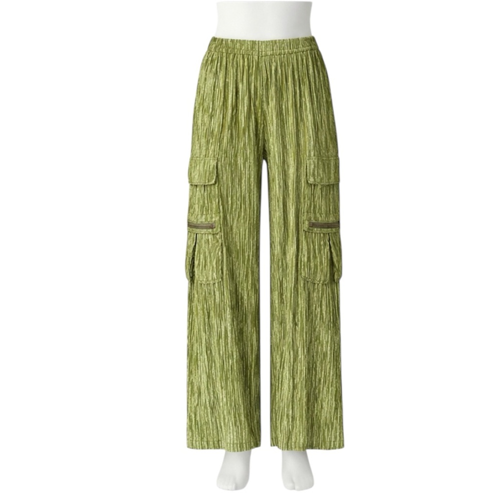 NWT NKN Nekane Lime Metallic Stretch Crinkle Cargo Pants Green Size M - Picture 2 of 7